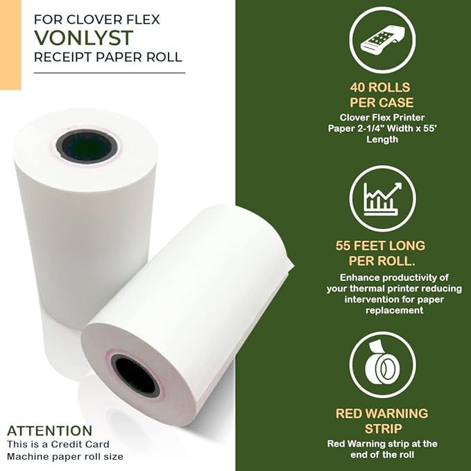 Thermal Paper Roll for Clover Flex Receipt Paper 2 1/4 x 55 (40 rolls)