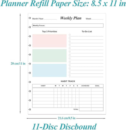 Weekly Planner Undated Refills - Letter Size 53 Sheets/106 Pages Colorful Weekly Planner for 11-Disc Discbound, TUL, 100 gsm White Paper, 8.5" x 11"