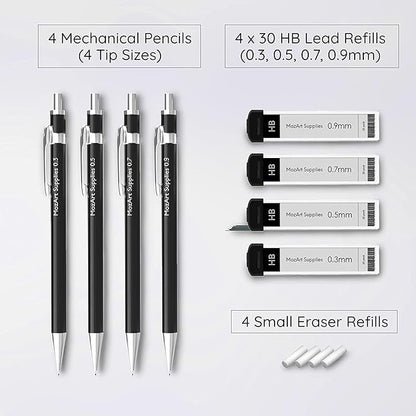 MozArt Mechanical Pencil Set with Case - 4 Sizes: 0.3, 0.5, 0.7 & 0.9mm with 30 HB Lead Refills Each & 4 Eraser Refills -Sketch, Drafting, Art, Drawing Supplies (Black)