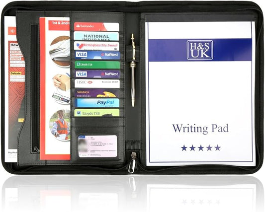 H&S A4 Portfolio Folder with Ring Binder Mechanism - Leather Conference Padfolio with Legal Writing Pad - A4 Document Folder with 11 Business Card Slots for Men