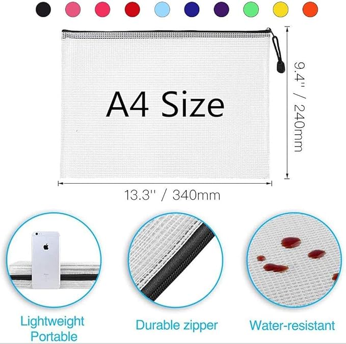 Mesh Zipper Pouch Document Bag, Plastic Zip File Folders,A4 Letter Size Waterproof Document Pouch for Office Supplies, Arts & Crafts Organizing Storage (10 Colors 40 Pack)
