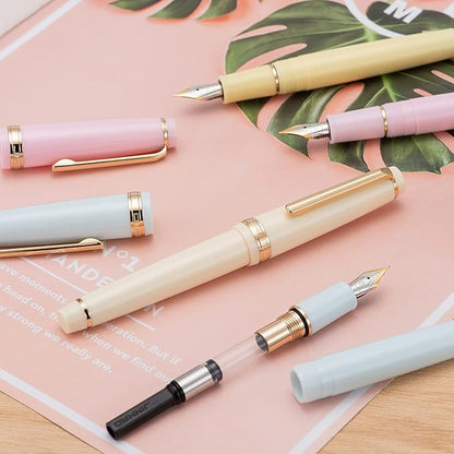 Jinhao 82 Ivory White Acrylic Fountain Pen, Iridium Medium Nib Classic Design Smooth Writing Pen with Ink Converter (Gold Trim)