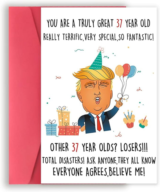 Funny Trump 37th Birthday Card, Funny 37th Birthday Gifts for Men Women, Happy 37 Year Old Birthday Decorations for Her Him Dad Mom, Great 37 Birthday Gift Cards for Husband Wife