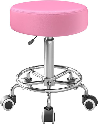 Rolling Stool, Heavy Weight Capacity 250lb, PU Leather Rolling stools, Ultra Soft Padded Seat, Rolling Stools with Wheels and Footrest, 360° Swivel, Spa Drawing Salon Work Office Tattoo Stool (pink)