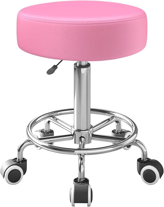 Rolling Stool, Heavy Weight Capacity 250lb, PU Leather Rolling stools, Ultra Soft Padded Seat, Rolling Stools with Wheels and Footrest, 360° Swivel, Spa Drawing Salon Work Office Tattoo Stool (pink)