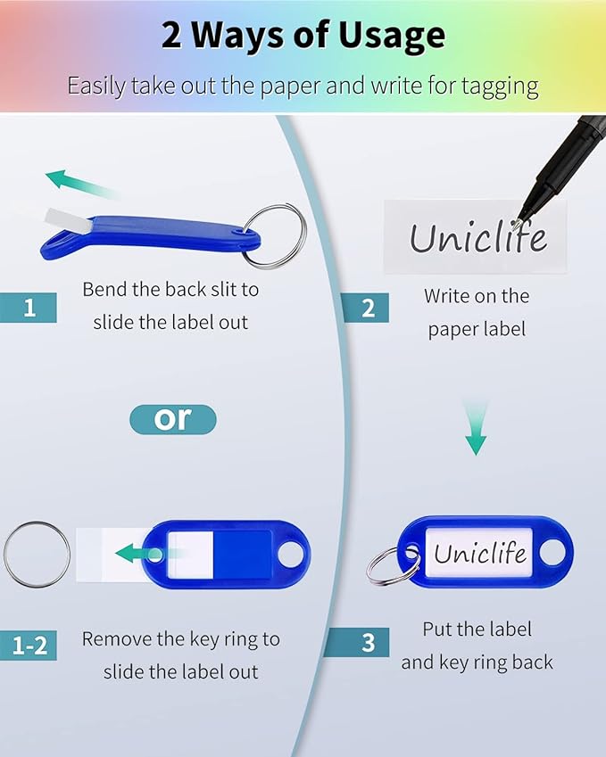 Uniclife 2 Inch Colorful Key Tags Soft Plastic Key Chain Tags with Blank Paper Labels Clear Windows Protective Films and Split Rings Flexible Item Identifiers in 10 Assorted Colors, 200 Pack