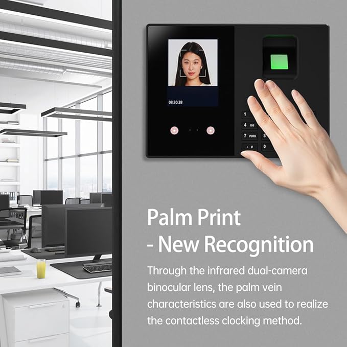 BISOFICE Time Attendance Face Recognition Time Clock Support Fingerprint Password Palm Print Facial Fast Recognition for Employees USB Port Data Management Device Suitable for Office Small Business