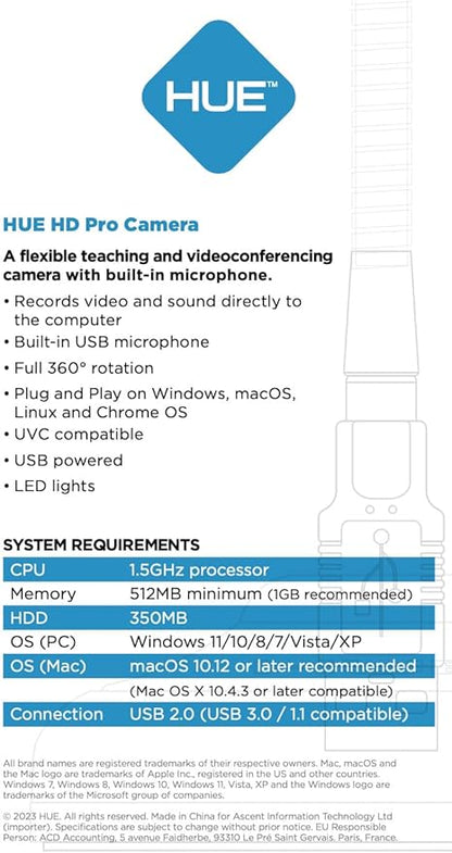 HUE HD Pro Flexible USB Video and Document Camera/Visualiser (Black Camera with Black Carry Case)