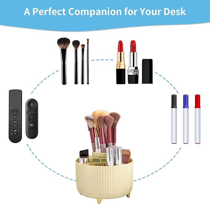 Marbrasse Desk Organizer, 360-Degree Rotating Pen Holder for Desk, Desk Organizers and Accessories with 5 Compartments Pencil Organizer, Art Supply Storage Box Caddy for Office, Home (Yellow)