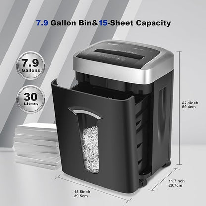 120-Minute Paper Shredder - 15-Sheet Capacity, 30L（7.9 Gallon） Bin, 58dB Quiet Operation, P4 Cross-Cut Heavy-Duty Shredder for Home & Office Use