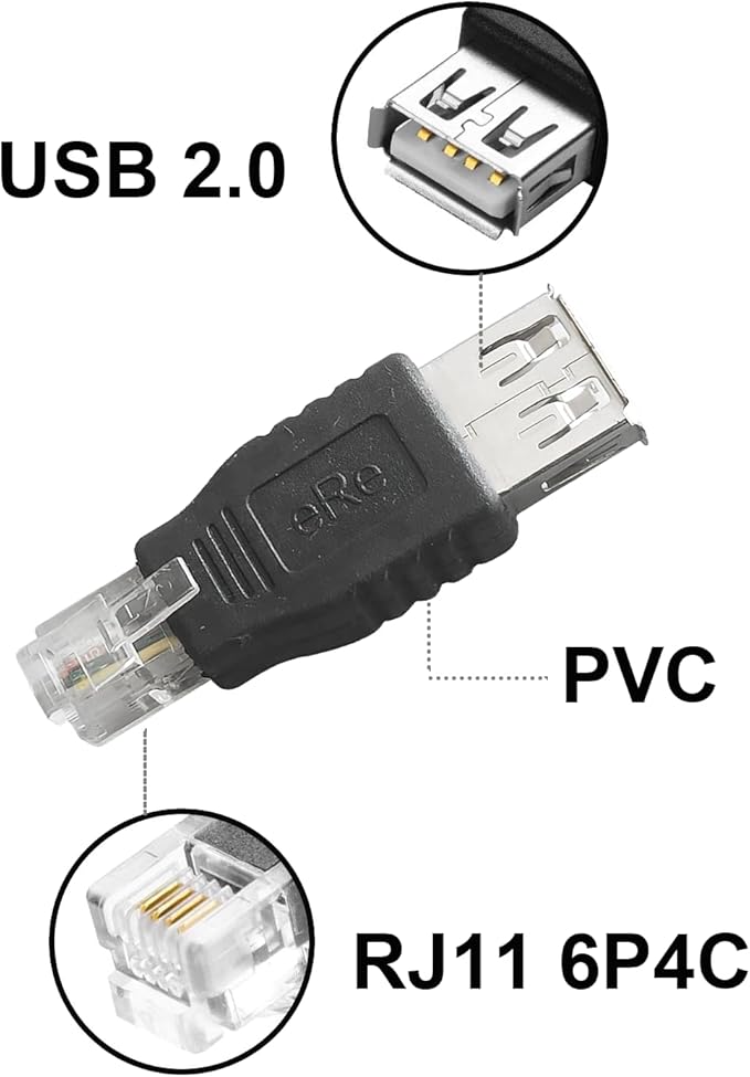 RJ11 to USB Telephone Line Adaptor, 6P4C Male to USB Type-A Female Plug for Telephone Communication Fax Machine Modem, 2PCS