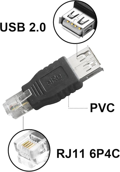 RJ11 to USB Telephone Line Adaptor, 6P4C Male to USB Type-A Female Plug for Telephone Communication Fax Machine Modem, 2PCS
