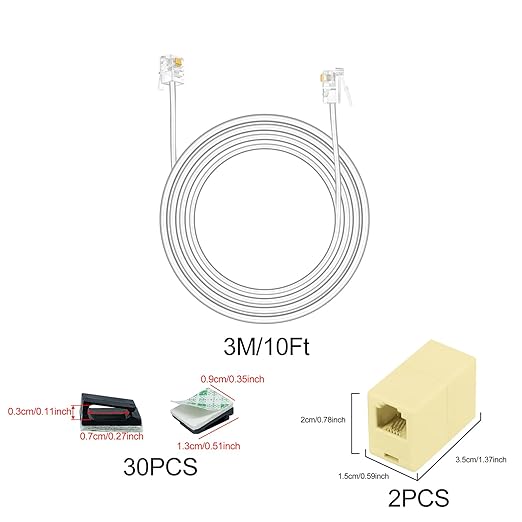 OLIREXD 10 FT RJ11 6P4C Telephone Extension Cable with 30 PCS Adhesive Cable Organizers and 2 Female to Female Inline Couplers for Landline System, Answering Machine, Fax
