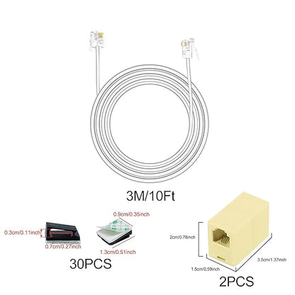 OLIREXD 10 FT RJ11 6P4C Telephone Extension Cable with 30 PCS Adhesive Cable Organizers and 2 Female to Female Inline Couplers for Landline System, Answering Machine, Fax