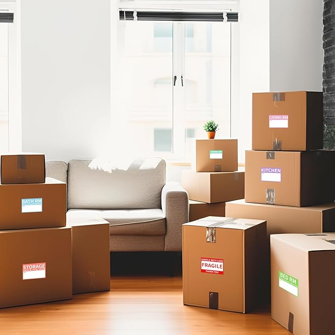 2” x 3’’ Removable Waterproof Home Moving Box Packing Labels for 1/2/3/4 Bedroom Rooms, 9 Designs Color-Coded Moving Stickers Including Fragile 、Heavy and Blank Labels (300 Labels)