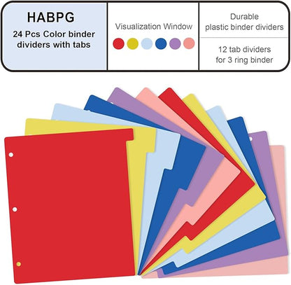 HABGP 12 Tab Dividers for 3 Ring Binder, 24 Pcs Multicolor 3 Ring Binder Dividers with Tabs, Page Folder Dividers, Plastic Tabbed File Dividers with Tabs, Three Ring Binder Index Dividers, 2 Set