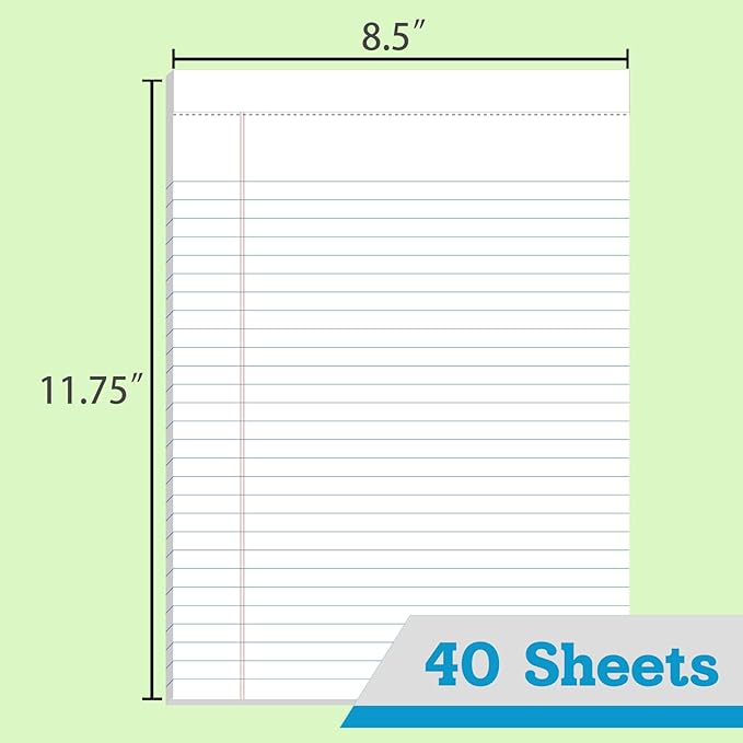 KAISA Legal Pads 8.5x11 Writing Pads Wide Ruled Notepads 8.5"x11.75" White Note Pads 40 Sheets 2 Pads,WT-MWT40W-2PAD，Made in the USA.