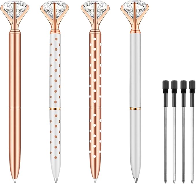 PASISIBICK 4 PCS Diamond Pens Bling Crystal Metal Ballpoint Pen Office Supplies, Rose Gold/Silver/White With Rose Polka Dots/Rose Gold With White Polka Dots, Includes 4 Pen Refills