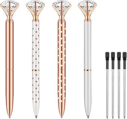 PASISIBICK 4 PCS Diamond Pens Bling Crystal Metal Ballpoint Pen Office Supplies, Rose Gold/Silver/White With Rose Polka Dots/Rose Gold With White Polka Dots, Includes 4 Pen Refills