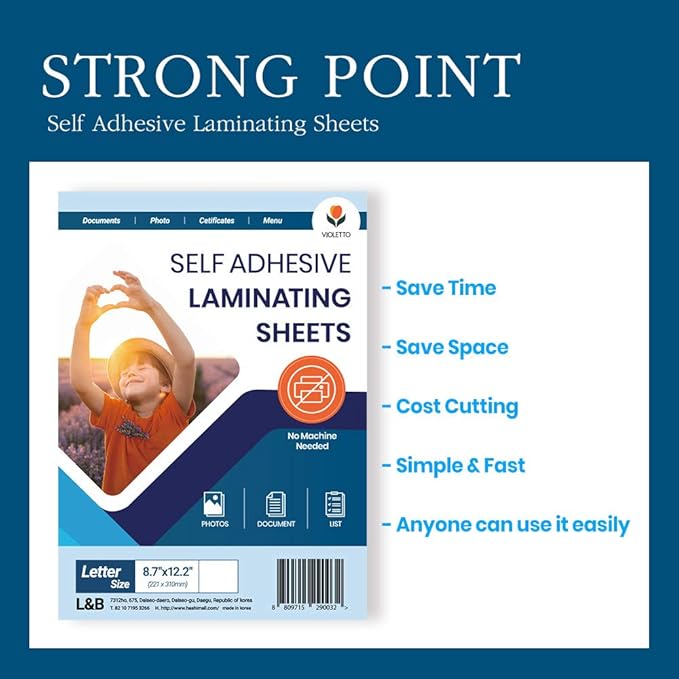 Self Stick Laminating Sheets 8.5 x 11 Inches, 4mil, Pack of 20, No Heat, No Machine, Peel and Stick Laminating Sheets, Self Adhesive Contact Paper, Self Sealing Clear Vinyl Stickers by VIOLLETO