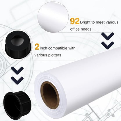 VOISEN Wide Format Paper,4 Rolls Plotter Paper 36 In x 150 Ft, 20lb CAD Bond Rolls on 2" Core for CAD Printing on Wide Format Ink Jet Printers