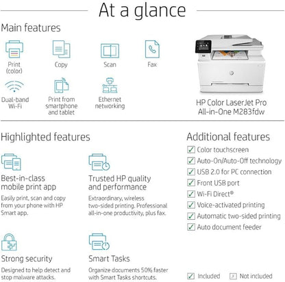 HP Color LaserJet Pro M283fdw Wireless All-in-One Laser Printer, Remote Mobile Print, Scan & Copy, Duplex Printing, Works with Alexa (7KW75A), White
