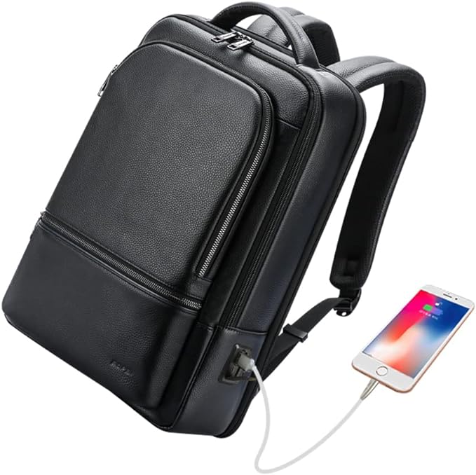 BOPai Genuine Leather Backpack for Men Multi-Function 15.6 inch Laptop Premium Executive Business Travel Friendly Smart Rucksack with USB Charging Anti Theft Large Capacity Office Classic Black