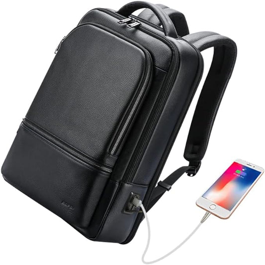 BOPai Genuine Leather Backpack for Men Multi-Function 15.6 inch Laptop Premium Executive Business Travel Friendly Smart Rucksack with USB Charging Anti Theft Large Capacity Office Classic Black