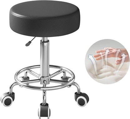 Rolling Stool, Heavy Weight Capacity 250lb, PU Leather Rolling stools, Ultra Soft Padded Seat, Rolling Stools with Wheels and Footrest, 360° Swivel, Spa Drawing Salon Work Office Tattoo Stool (black)