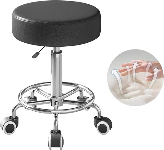 Rolling Stool, Heavy Weight Capacity 250lb, PU Leather Rolling stools, Ultra Soft Padded Seat, Rolling Stools with Wheels and Footrest, 360° Swivel, Spa Drawing Salon Work Office Tattoo Stool (black)