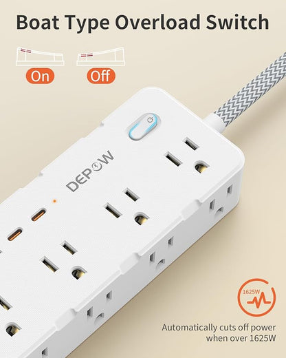 Power Strip Surge Protector, 5FT Braided Extension Cord with Multiple Outlets-8 AC Outlets 4 USB Ports (2 USB C), Flag Plug Charging Station, 1700 Joule Surge Protection for Home Office, White