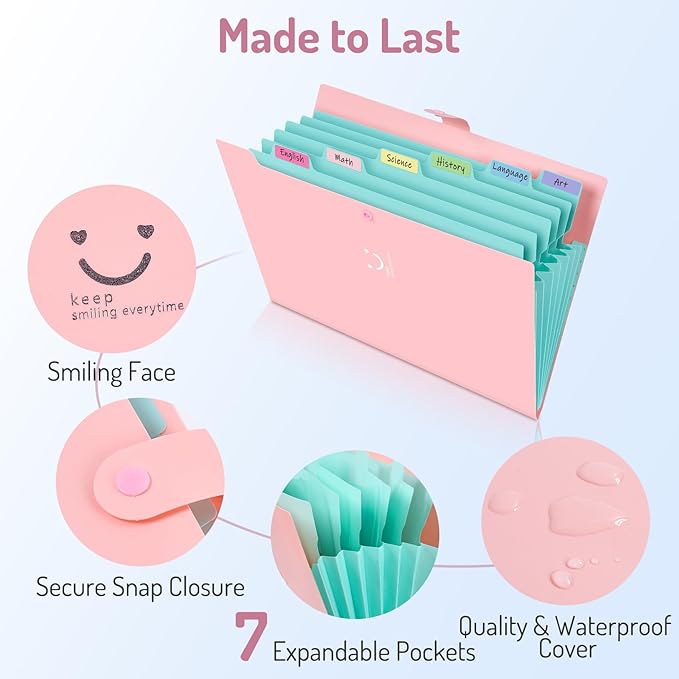 Forvencer Accordion File Organizer, Letter Size, 7 Pocket Expanding File Folder, Cute File Folder with Labels, Portable File Organizer for School Office Supplies, Folders for Documents, Jade