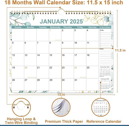 2025 Calendar - Calendar 2025-2026 from January 2025 - June 2026, 18 Months Calendar with Premium Paper, Twin-Wire Binding & Hanging Hook, 12" x 14.5", Green Leaf