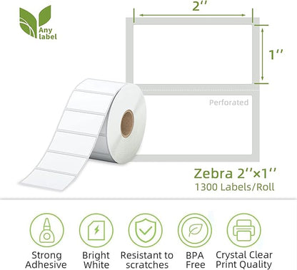 2" x 1" Direct Thermal Labels, Thermal Printer Labels for Barcodes Postage Address Compatible with Rollo, Zebra, Munbyn, Nelko Thermal Labels Printers (12 Rolls, 1300 Labels/Roll)