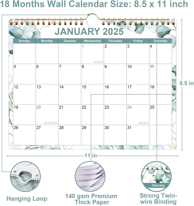 2025-2026 Wall Calendar - Calendar 2025 from January 2025 - June 2026, 18 Months Calendar with Premium Paper, Twin-Wire Binding & Hanging Hook, 8.5" x 11", Leaf