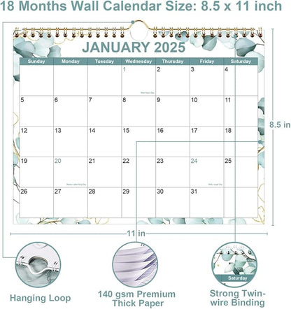 2025-2026 Wall Calendar - Calendar 2025 from January 2025 - June 2026, 18 Months Calendar with Premium Paper, Twin-Wire Binding & Hanging Hook, 8.5" x 11", Leaf