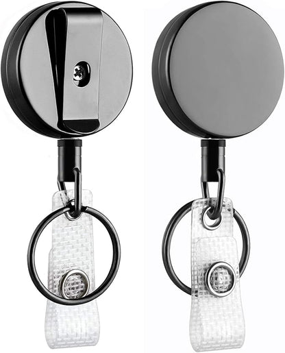 Will Well ID Badge Holder Reel with Clip and Keyring - Heavy-Duty All-Metal Casing with 27.5" UHMWPE Fiber Pull Cord for Durability and Easy Access, Holds up to 8 Keys - 2-Pack, Round, Glossy Black