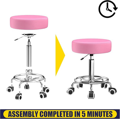 Rolling Stool, Heavy Weight Capacity 250lb, PU Leather Rolling stools, Ultra Soft Padded Seat, Rolling Stools with Wheels and Footrest, 360° Swivel, Spa Drawing Salon Work Office Tattoo Stool (pink)