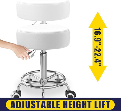 Rolling Stool, Heavy Weight Capacity 250lb, PU Leather Rolling stools, Ultra Soft Padded Seat, Rolling Stools with Wheels and Footrest, 360° Swivel, Spa Drawing Salon Work Office Tattoo Stool (white)