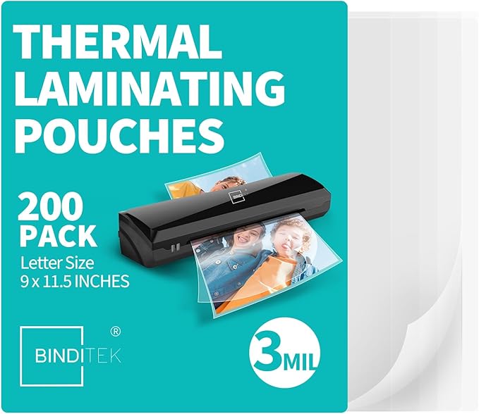 Binditek 200 Pack 3 Mil Thermal Laminating Pouches, 9x11.5 Inches Laminating Sheets, for Letter Size, Ultra Clear, Glossy, Hold 8.5x11 Inches, Heat Seal, School Office Supplies