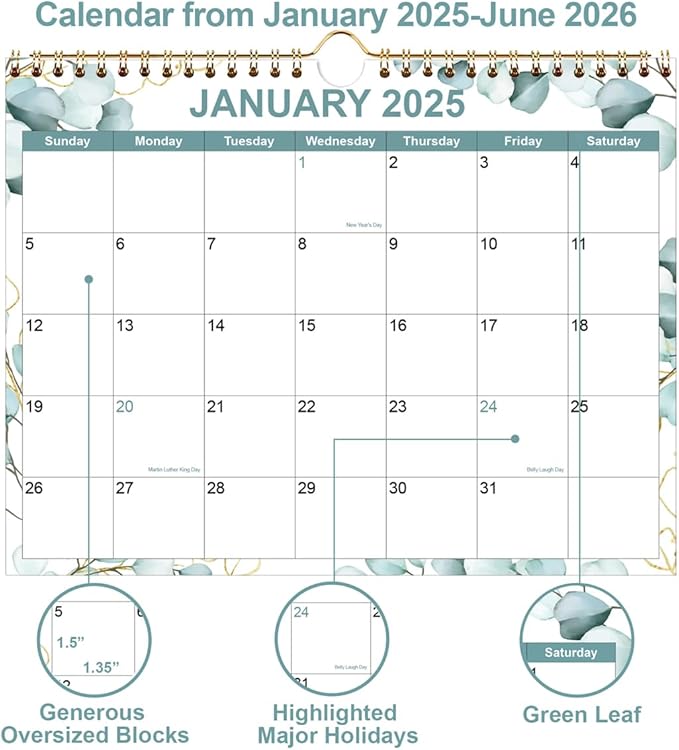 2025-2026 Wall Calendar - Calendar 2025 from January 2025 - June 2026, 18 Months Calendar with Premium Paper, Twin-Wire Binding & Hanging Hook, 8.5" x 11", Leaf