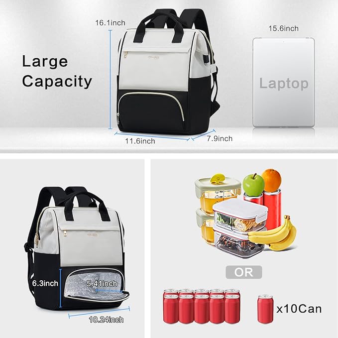 OIWAS Lunch Backpack for Women, 15.6 inch Laptop Backpack Insulated with USB Port, Work Backpack with Insulated Cooler Lunch Bag for Men Travel Work Travel Picnics Hiking, Beige Black
