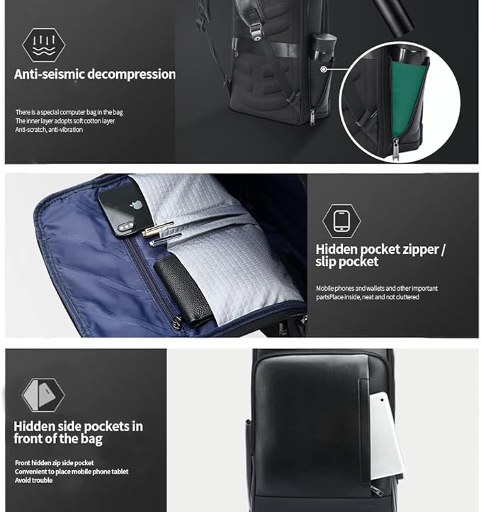BOPai Genuine Leather Backpack for Men Multi-Function Expand Backpack 15.6 inch Business Laptop Backpack Travel Smart with USB Charging Backpack Office Black