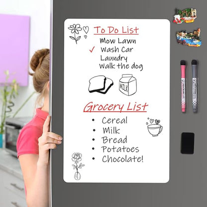 Magnetic Dry Erase Board Fridge Whiteboard Sheet 17"x11", Easy to Write and Clean, Flexible Refrigerator White Board for Home Kitchen Memo Shopping List, 2 Marker Pens and Eraser with Magnets