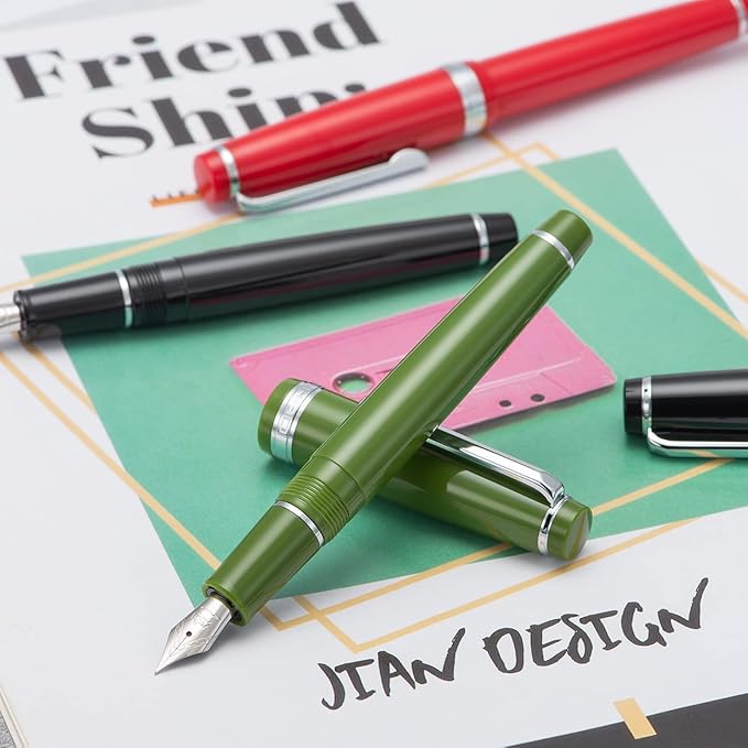Jinhao 82 Avocado Green Acrylic Fountain Pen, Iridium Medium Nib Classic Design Smooth Writing Pen with Ink Converter (Silver Trim)