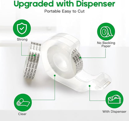 LOCKLOCK Double Sided Tape Light Duty, 4 Pack, 1/2 x 350 inches, Narrow Double Stick Tape with Dispenser for Crafts, Arts Projects, Gift Wrapping, Office and School Supplies, Clear.