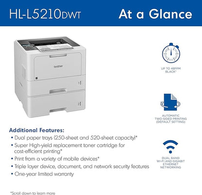 Brother HL-L5210DWT Business Monochrome Laser Printer with Dual Trays, Wireless and Gigabit Ethernet Networking, Duplex Printing, Large Paper Capacity, and Mobile Printing, White