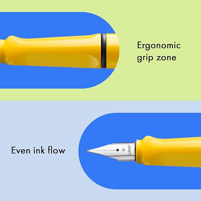 LAMY safari yellow - Fountain Pen with ergonomic grip & polished Left-Handed steel nib (LH) in size M - ideal for any Writing & Calligraphy - including LAMY T 10 blue cartridge