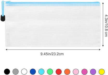 LABUK 42pcs Small Zipper Pouch, 9.5x4.3 Inches Mesh Zipper Pouches, 12 Colors Zipper Bags, Waterproof Plastic Zip Bags for Bill Stationary, Office Supplies Storage and Classroom