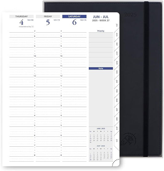 POPRUN 2025 Weekly Planner 8.5" x 11", Quarter-Hourly Appointment Book with PU Leather Soft Cover, Dual Pockets, Gift Box, Monthly Tabs, 100GSM Thick Paper, Sunday Start - Black